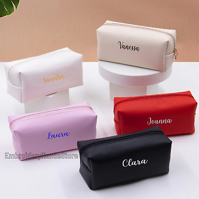 #ad Personalized Embroidery Small Makeup Bag PU Leather Travel Cosmetic For Women