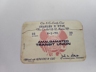 #ad Vintage 1970 Amalgamated Transit Union Membership Card Cracked Taped