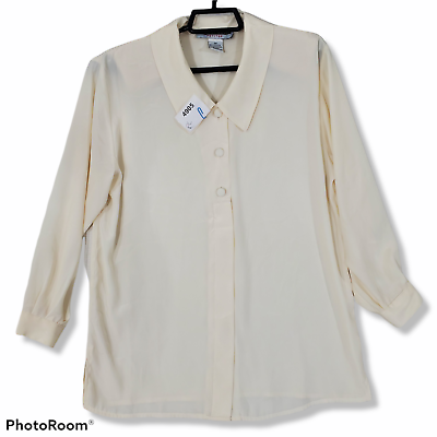 #ad Jennifer Moore Womens Top Shirt 4 Petite Ivory Long Sleeve Shoulder Pads Flowy