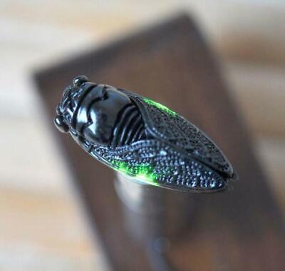 #ad Green Jade Hand Carved Cicada Natural Jade Pendant Amulet Black Statue Necklace