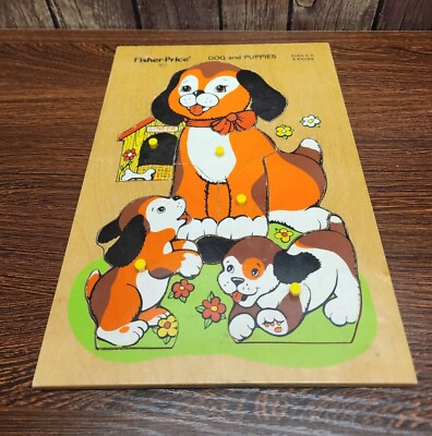 #ad VTG Fisher Price 511 Dog amp; Puppies 8 Piece Wooden Puzzle Age 2 5 Holland