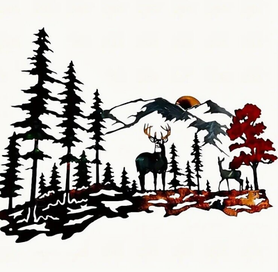 #ad Deer Wall Decor Forest Deer Mountain Metal Art Rustic Cabin Wildlife Hunting