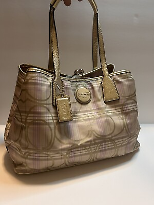 #ad COACH Signature Plaid Carryall Handbag Shoulder Bag Gold Metallic F17213 EUC