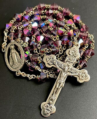 #ad Vintage Catholic Iridescent Purple Crystal Rosary Silver Tone Crucifix France