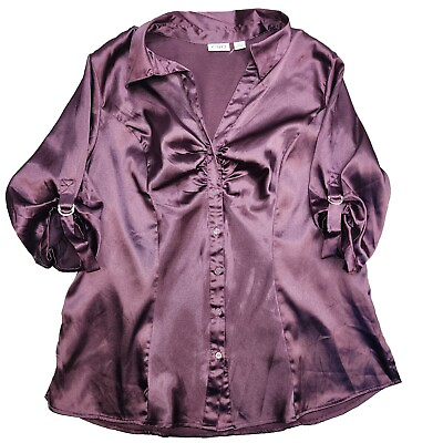 #ad CATO Women#x27;s Satin Blouse XL Dark Purple Plum Professional Elegant Shirt Button