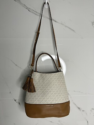 #ad Michael Kors Kip Bucket Bag Large Vanilla Acorn Coated Canvas Tassels Handbag