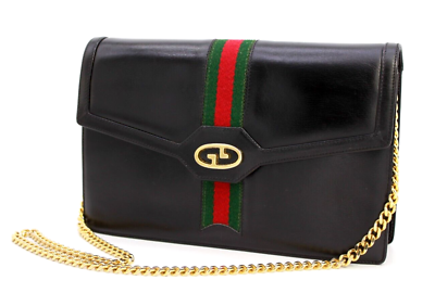 #ad Gucci Vintage Bag Shoulder bag Clutch Handbag Sherry GG Leather Black Authentic