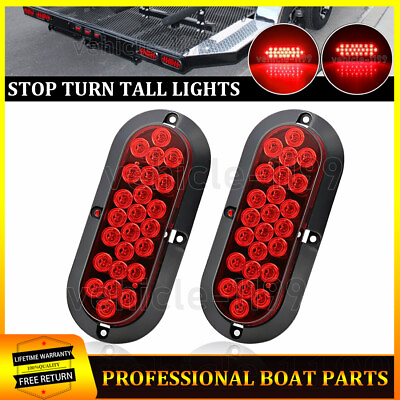 #ad 2x Oval 6quot; Red 24 LED Trailer Truck Stop Turn Tail Brake Lights Flush Mount RV