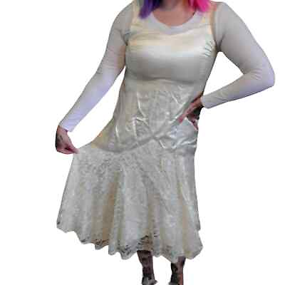 #ad Vintage Ivory White Lace Shift Dress Sleeveless Angelic Angelcore Wedding