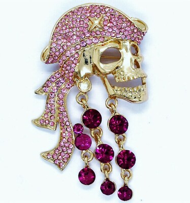 #ad Big 3D Pirate SKULL Pink Rhinestone Betsey Johnson HALLOWEEN Costume Brooch
