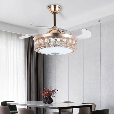 #ad 42quot;Crystal Bluetooth Chandelier and Luxury 7 Color Retractable Ceiling Fan Light