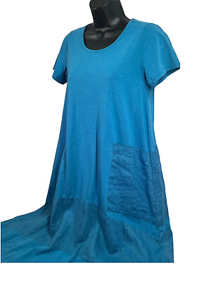 #ad Soft Surroundings Dress Blue Womens Cotton Linen Lagenlook sz XS