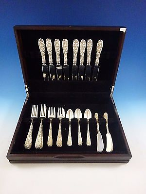 #ad Rose by Stieff Sterling Silver Flatware Service For 8 Set 40 Pieces Repousse