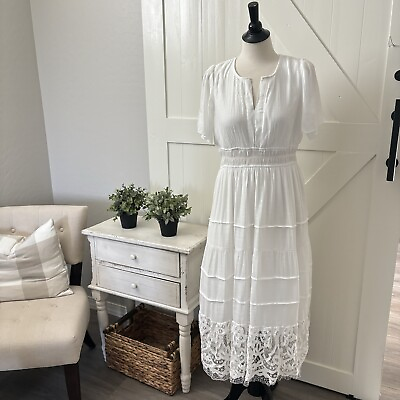 #ad J Gee White Maxi Dress Size L Beach Wedding Vacation Family Pictures Lace Boho