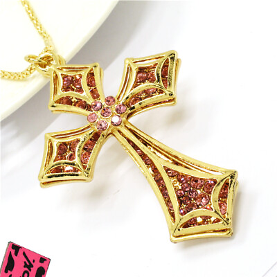 #ad Fashion Women Rhinestone Pink Cross Religion Crystal Pendant Chain Necklace Gift