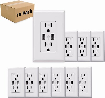 #ad 3.1 A USB Charger Wall Outlet Dual High Speed Receptacle 15 Amp White 10Pack