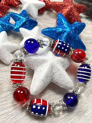 #ad USA Bracelet 4th of July Bracelet USA Flag Beaded Stretch Woman Jewelry RWB