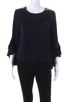#ad Milly Womens Long Bell Sleeve Side Button Crew Neck Top Blouse Navy Blue Size 4