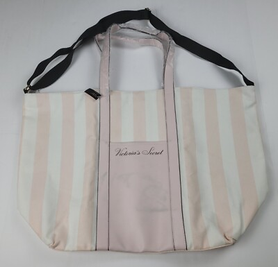 #ad Victoria#x27;s Secret Tote Bag Canvas Pink White Stripes w Big Pocket Long Strap NEW