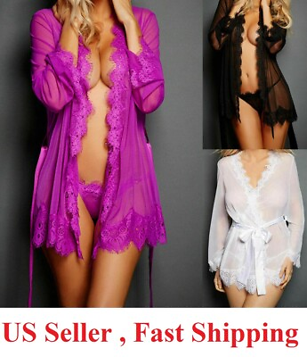 #ad Sexy Lingerie Sleepwear Women Lace Robe Babydoll Nightwear G string pajamas