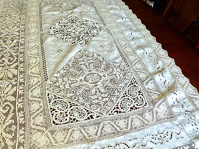 #ad Lovely Antique Mixed Lace Linen Refectory Table Runner Needlelace Embroidery