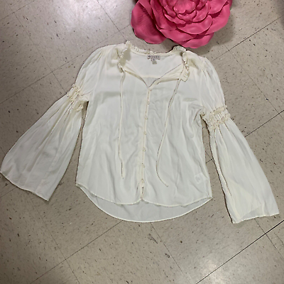 #ad ELIANE ROSE Womens Size M Cream Ruffle Bell Sleeve Neck Tie Top Button Up