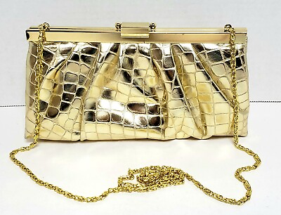 #ad #ad Jessica McClintock Evening Bag Gold Crocodile Print Formal Clutch 8.5x2x4.5