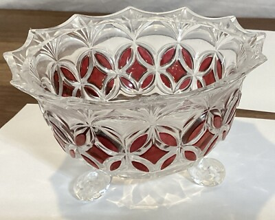 #ad Vintagr Hofbauer Footed Cranberry Glass Crystal Candy Dish Flower 5quot; Elegant