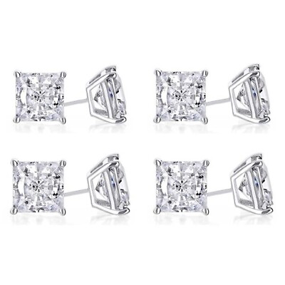 #ad 18k White Gold 6mm 1 2Ct Princess Cut Created White CZ Set Of 4 Earrings Plated