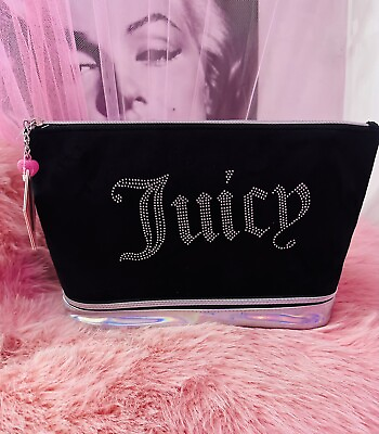 #ad NWT JUICY COUTURE Rhinestone Cosmetic Travel Makeup Bag Large Black Iridescent