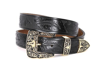 #ad Western Belt Leather Gold Longhorn Bull Horse Head Black Belt for Pants Size 30