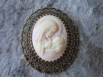 #ad 2 IN 1 VIRGIN MARY amp; BABY JESUS CAMEO GOLD BROOCH PIN PENDANT MOTHER BABYP