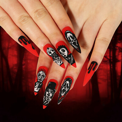 #ad Gothic Fake Nail ArtHalloween nail enhancement Spider Ghost Pumpkin black nail
