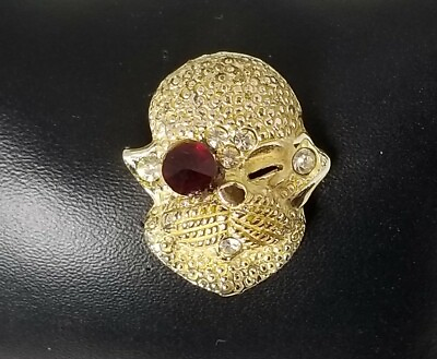 #ad Ladies Gold Plated Dog Pin Brooch with clear Crystals and a red Crystal eye.