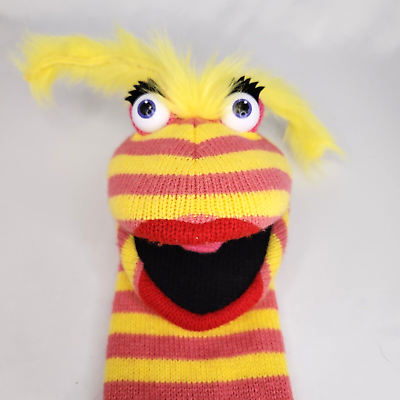 #ad The Puppet Company Knit Monster Pink Yellow Stripes Poseable Furry Antennae