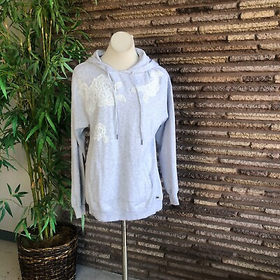 #ad Betsey Johnson Performance Gray Lace Patches Hoodie Sweatshirt Size Medium