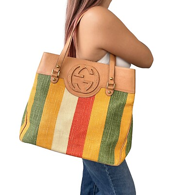 #ad GUCCI Vintage GG Interlocking Canvas Tote Bag Multicolor Leather Rank AB