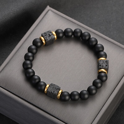 #ad Mens Obsidian Bead Bracelets Charm Lava Rock Natural Stone Oil Diffuser Bracelet