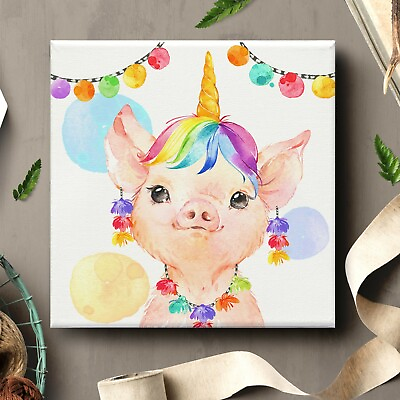 #ad Framed Canvas Wall Art Painting Prints Nursery Cute Baby Unicorn Piglet ANML031