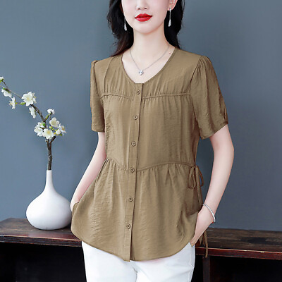 #ad Women Summer Short Sleeve Crew Neck Solid Button Loose Elegant Shirt Blouse Tops