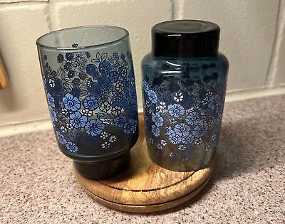#ad Vintage MCM Mod Blue Floral Juice Glass Set of 2 Libbey Glass Set Cottage Core