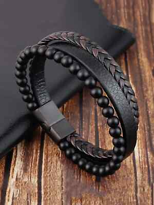 #ad Men Women Mixed Brown Braided Leather Beaded Style Bracelet Wristband Bangle