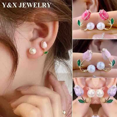 #ad Korean Tulip Flower Earrings Pearl Ear Stud Wedding Fashion Jewelry Women Gift