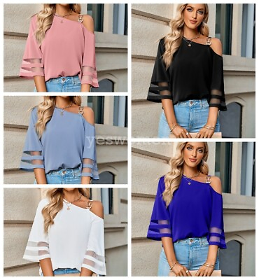 #ad One Shoulder Tops Sexy Cold Shoulder Shirts Summer 3 4 Sleeve Loose Casual Tees