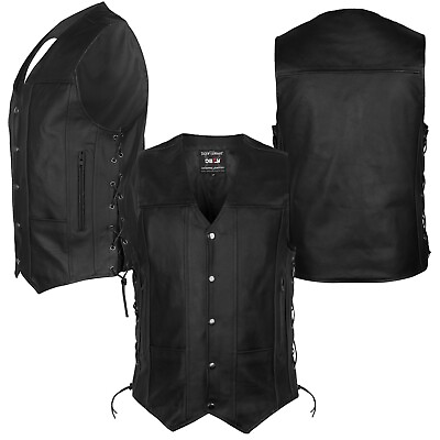#ad DEFY New Men#x27;s Biker Black Genuine Leather 10 Pockets Motorcycle Vest XS To 12XL
