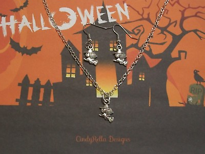 #ad Cute Antique Silver Little Witch Halloween Charm Necklace and Earrings
