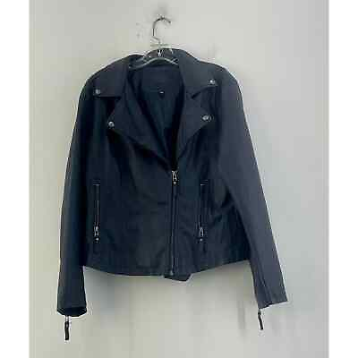 #ad Max Studio Navy Blue Faux Leather Zip Biker Jacket Womens Size XL