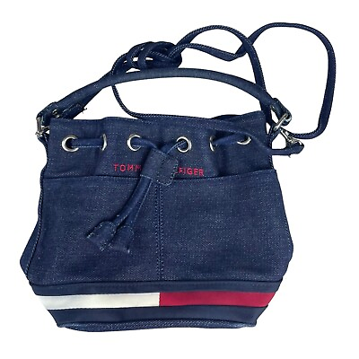 #ad Tommy Hilfiger Blue Denim Crossbody Bucket Bag Purse Clutch Shoulder Pocket Logo
