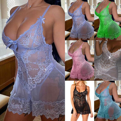 #ad Sexy Womens Lace Lingerie G String Mini Dress Nightdress Nightwear Sleepwear PJS