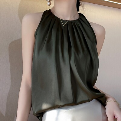 #ad Womens Sleeveless Vest Summer Casual Shirt Elegant Satin Silk Round Neck Tops